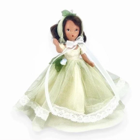 Nancy Ann Storybook Doll bisque 5.5 in 5 joints 1940s mint green dress leaves - Picture 3 of 7